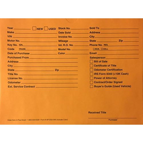 A Plus Auto Dealer Vehicle Paper File Jackets Orange DSA-546, Quantity 100 (U6)