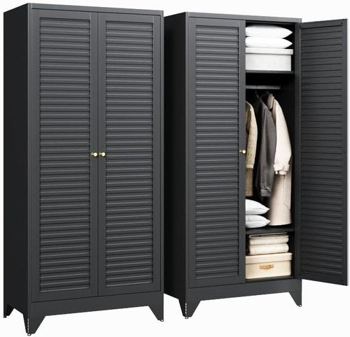 Letaya Armoire - 20" Deep Metal Wardrobe Closet with Doors, Shelves & Hanging Rod - Black