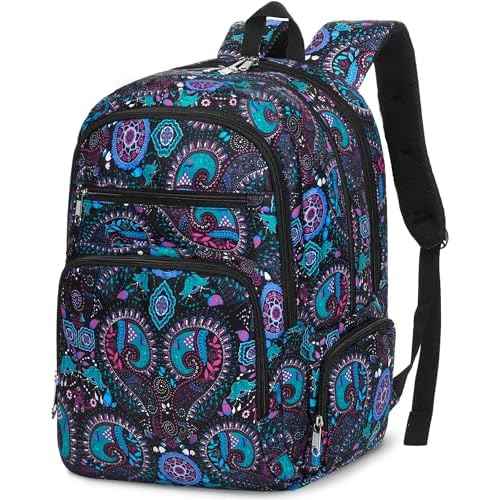 Large Backpack for Women Backpack with Lots of Pockets for Travel Work School Bookbag with Laptop Compartment for High School College Girls Mochilas Morrales para Mujer (Black/Teal, Paisley)