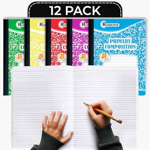 Rosmonde 12 Pack Primary Composition Notebooks, 200 Pages (100 Sheets), Primary Ruled Composition Notebook for Kids, 9-3/4" x 7-1/2", Grades K-2, Writing Dotted Lined, Assorted, Colors May Repeat