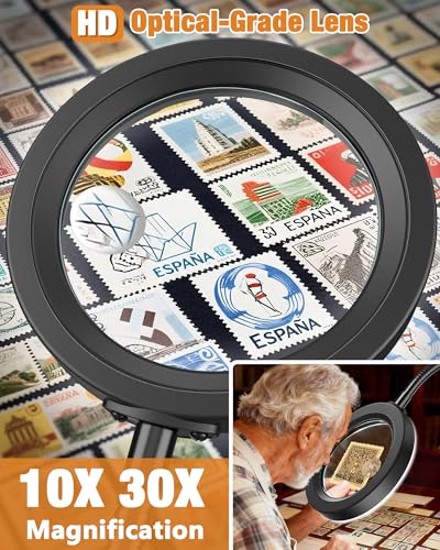 RunSenFo 30X 10X Magnifying Glass with Light & Stand, Black, 4.3in-16in, Flexible Gooseneck
