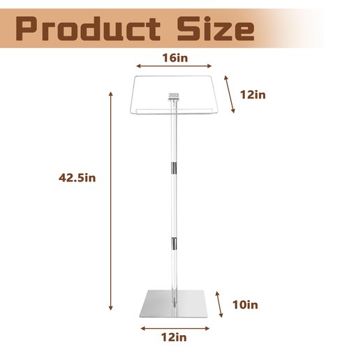 Podium Stand, Lecterns & Podiums, Acrylic Adjustable Angles with Metal Base, Podium for Church, Weddings, Classroom, Speech, 16" L x 12" W x 42.5" H (Clear)
