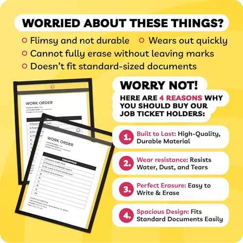Job Ticket Holders 9x12 - (10 Pack), 8.5 x 11 Letter Size, Dry Erase Pockets, Clear & Black Plastic Sleeves - Reusable, Water-Resistant