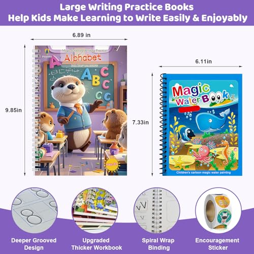 Magic Grooved Writing Practice for Kids 3-8, Reuable Grooved Handwriting Practice for Kids with 2 Pens & 20 Refills + Watercolor Book with Water Pen, Large Writing Practice Book (8 Books)