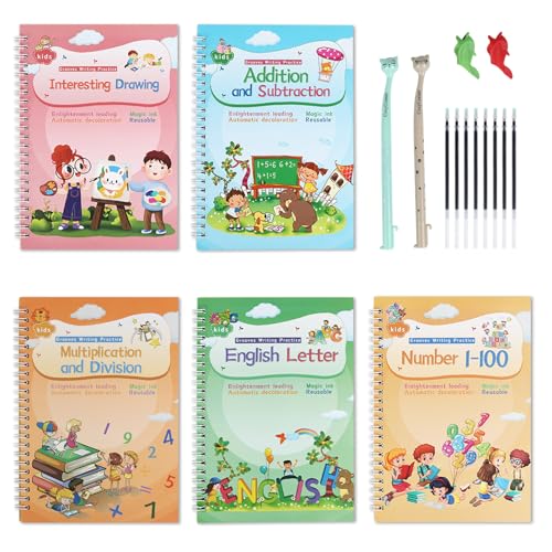 Magical Handwriting Practice Copybooks for Kids - Reusable Pen & Groove Templates (4 Books, 10.2x7.2 in)