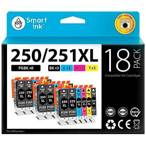 Smart Ink Compatible Ink Cartridge Replacement for Canon PGI 250 PGI-250 XL CLI 251 CLI-251 (6PGBK &3BK/C/M/Y 18 Pack Combo) for Pixma MG5420 MG5422 MG5520 MG5522 MG5620 MG6620 iP7220 iX6820 MX722