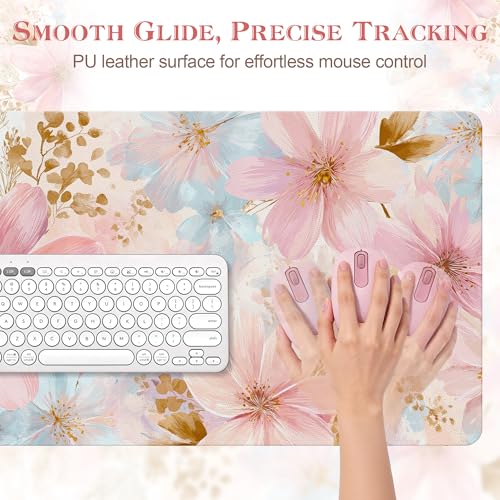 UGYAZX Pastel Pink Blue Floral Watercolor Desk Mat for Keyboard & Mouse 31.5x15.7 in - Waterproof Non-Slip Office & Gaming Pad