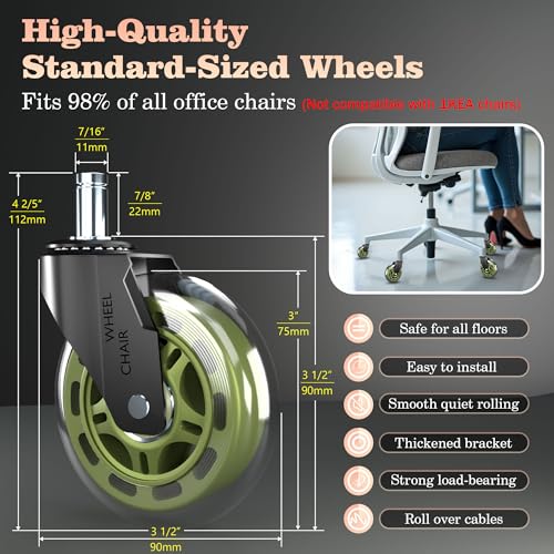 QXYJLCN Office Chair Wheels Replacement 3" Rubber Casters 7/16" Stem - Green, 5-Piece, Universal Fit