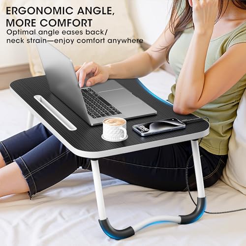 Black Folding Laptop Bed Desk 23.6 Inch Wood Portable Table with Cup Holder