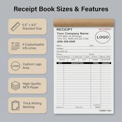 Custom Receipt Book with Carbonless Copies – 2-Part Invoice Book, 5.5 x 8.5, Sequential 001-100, Logo Personalization