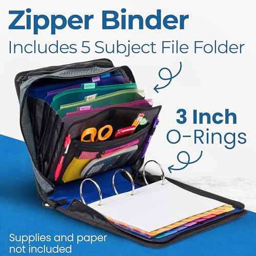 Case-it Mighty Zip Tab School Zipper Binder | 3-Inch O-Rings, 600-Sheet Capacity, 5-Subject Expanding File Folder, Multiple Pockets & Storage Organizer, Shoulder Strap | D-146 Midnight Blue