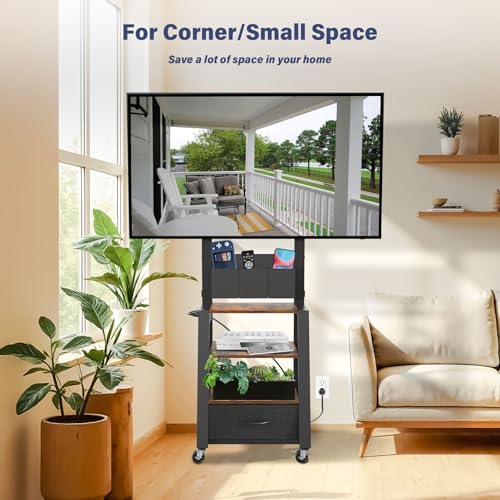 Hellsehen Retro Rolling TV Stand with Power Outlet & 4-Tier Storage, 23-60 Inch TV Cart (160lbs) - VESA 400x400, 360° Wheels