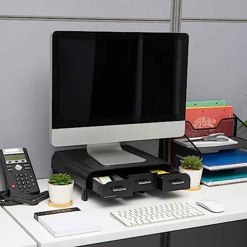 Mind Reader Monitor Stand, 3 Storage Drawers, Desktop Organizer, Riser, Office, 13.5"L x 13"W x 4"H, Set of 2, Black