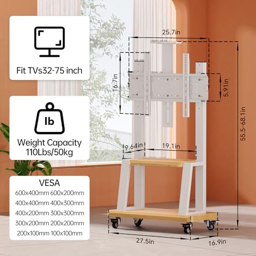 BEISHI Mobile TV Stand on Wheels for 32-75 Inch TVs - White