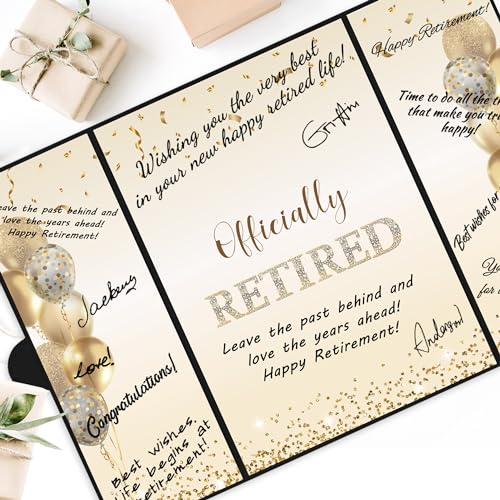 DARUNAXY Black Gold Retirement Party Decorations, Officially Retired Alternative Signature Guest Book for Men Women Happy Retirement Gifts Signing Card Board for Retirement Farewell Party Supplies