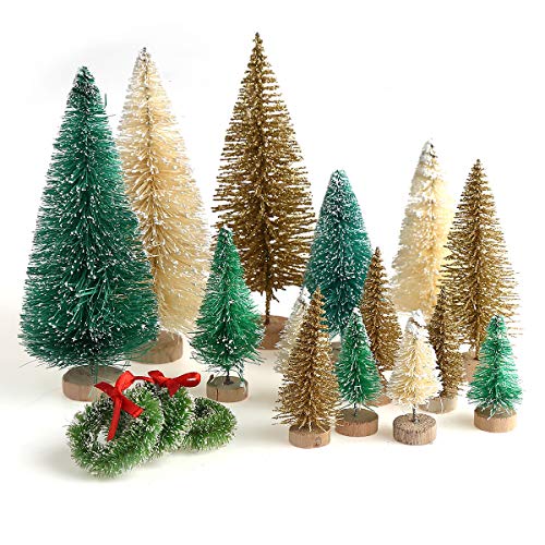CCINEE 30 Pcs Miniature Frosted Bottle Brush Christmas Trees - 4 Sizes, Wooden Base, 12.5cm/8.5cm/6.5cm/4.5cm 1.3cm Wreath