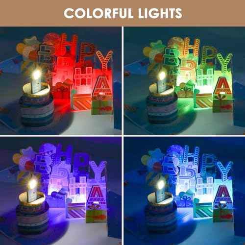 3D Musical Birthday Pop Up Card, Blow Out LED Light Candle & Music Happy Birthday Card Birthday Greeting Cards with Blank Note Card and Envelope for Kid Husband, Men, Women, Mom