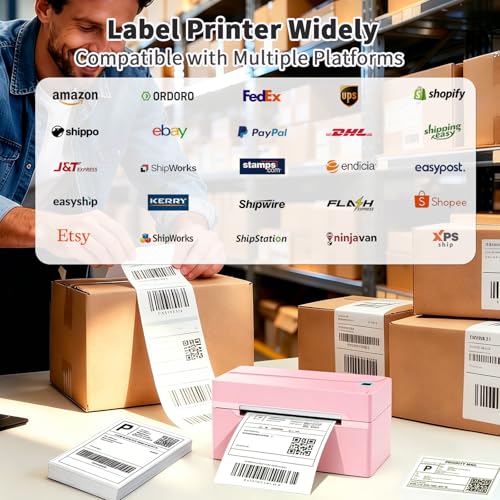 Pink Bluetooth Thermal Label Printer 4x6 Shipping Labels for Shopify & More