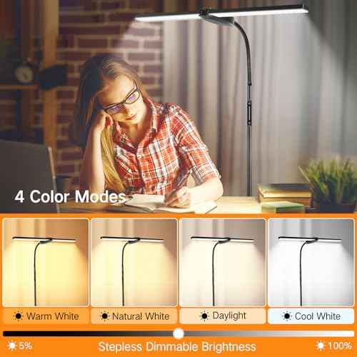 OUTON LED Floor Lamp with Double Head, 18W 1800LM, Super Wide & Bright, Height Adjustable, Remote & Touch Control, Memory Function, Dimmable Standing Lamp for Reading, Working, Sewing, Drawing, Black