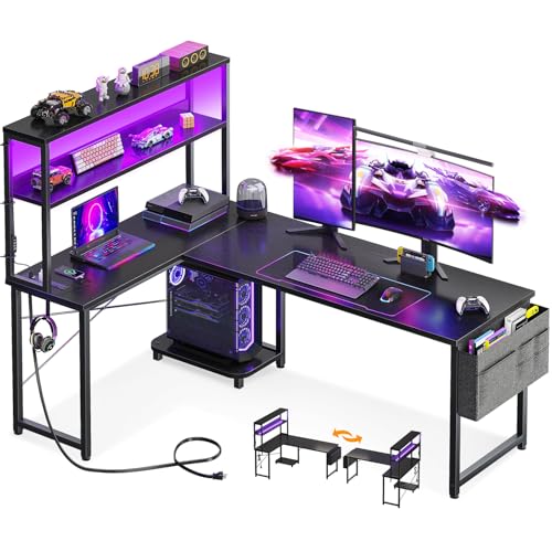 AODK Reversible L Shaped Gaming Desk with LED Light & Power Outlet - 61 Inch Black
