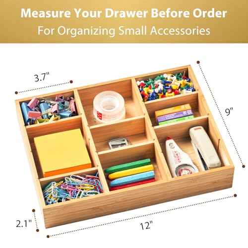 Umilife Desk Drawer Organizer, Bamboo Wood Organizer Tray with Adjustable Compartments, Office Desk Accessories Supplies Organization Storage, 12" x 9"
