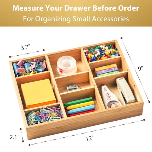 Umilife Bamboo Desk Drawer Organizer 12x9 Inches with Adjustable Dividers