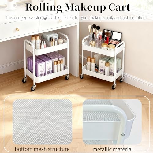 White 2-Tier Rolling Cart with Hooks for Under Desk & Pantry Storage - LIWNYRK