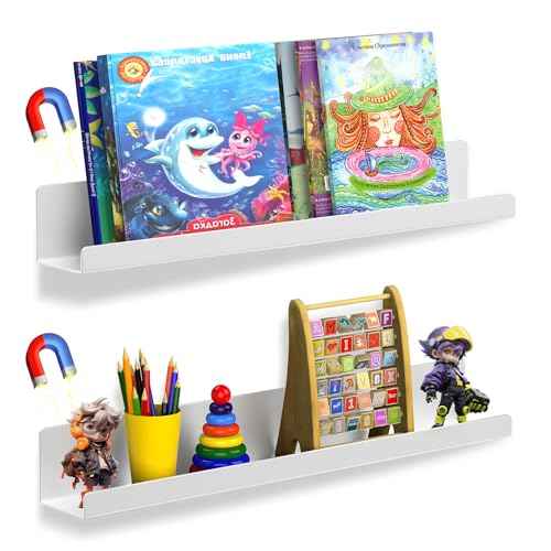 2 Pack Magnetic Book Shelf for Whiteboard - 17 Inch Reusable Metal Magnetic Shelves, Holds 12 lbs, Magnetic Book Display for Classrooms, Kitchen, Kids' Room - New White