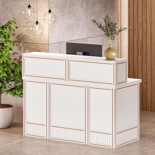 LITTLE TREE 57-Inch Reception Desk with Counter, Boho Style Front Desk, Modern Checkout Counter, Receptionist Desk for Retail, Lobby, Salon, Office, White