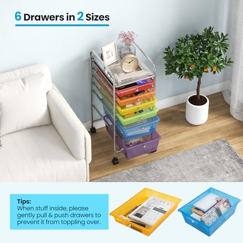 Julimoon Rolling Storage Cart with 6 Drawers,Mobile Storage Drawers Organizer, Multipurpose Plastic Utility Cart with Wheels for Home Office School Garage (Rainbow & Clear)¡¦