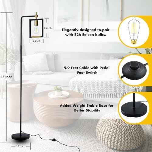 Hamilyeah Industrial Floor Lamp for Living Room, Mid Century Standing Lamp for Bedroom, Farmhouse Black and Gold Tall Lamp for Office, Stand up Lamp with Pedal Foot Switch