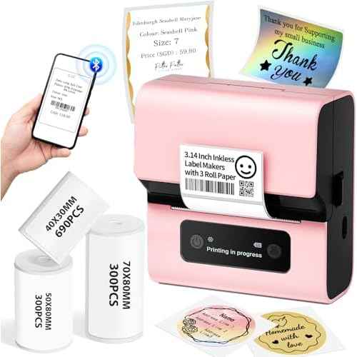 M221 Label Maker, 3 Inch Barcode Label Printer, Upgrade Portable Thermal Label Printers for Small Business, Crafts, Food Ingredient, Easy to Intall for Phone & PC, with 3 Roll Paper Sets,Pink