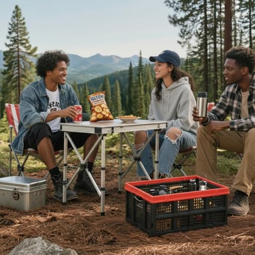 49L Collapsible Crate, Milk Crate for Storage, Foldable Storage Crate, Stackable Crate for Organizing for Home, Shopping, Camping, School, Office, Warehouse, Red