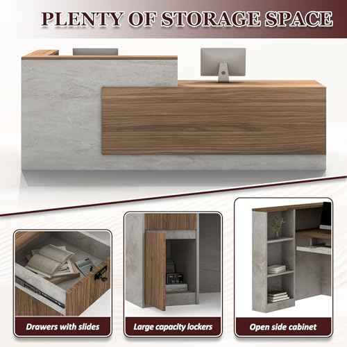 L-Shaped Reception Desk with Counter and Lockable Drawers and Storage,Modern Front Desk Reception Counter for Checkout, Lobby, Beauty Salon (Glacial Grey_A, Right_87*24 * 41IN)