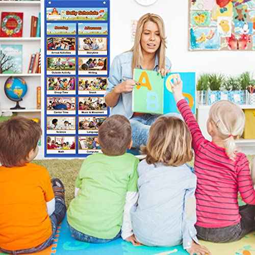 Auchq Daily Schedule Pocket Chart, Visual Schedule for Kids with 23 Activity Cards, 8+1 Pockets, 4 Blank Dry-Erase Cards Included, Great for Classroom Preschool-1 st Gr.(17¡¯¡¯ x 38.5¡¯¡¯ in)