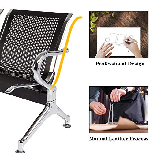 Buenotoys 3-Seat Waiting Room Bench with Arms, Black Mesh Back - Reception/Lobby Chairs