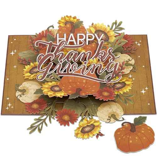 Happy Thanksgiving Pop Up Card, Pumpkin, Flowers, Thanks Giving, 3D Popup Greeting Cards, Gifts for Mom, Grandma, Girl, Women, Table Decorations, 5x7 - Includes Envelope And Message Note