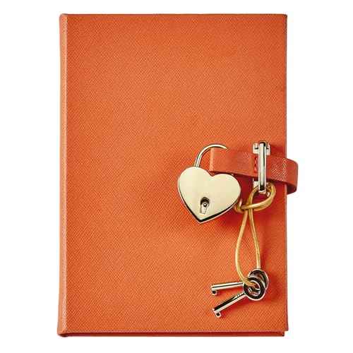 Graphic Image Heart Lock Diary ? Orange Saffiano Leather | Handbound in the USA | Secure Lock & Key | 240 Lined Pages | Elegant Leather Journal with Satin Ribbon Marker | Personalizable Gift Edition