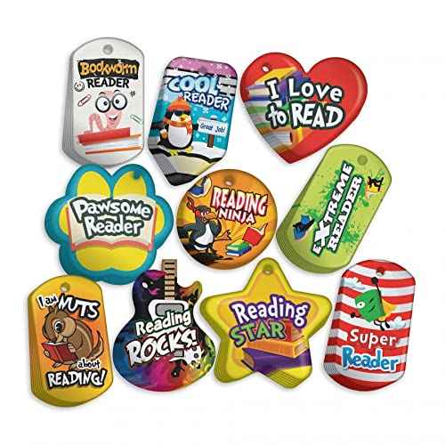 Student Reading Incentives Brag Tag Value Pack: 100 Colorful, Waterproof, Reading Encouragement Tags (10 Tags per Design) + 25 USA-Made 24" Hypoallergenic Aluminum Safety Chains