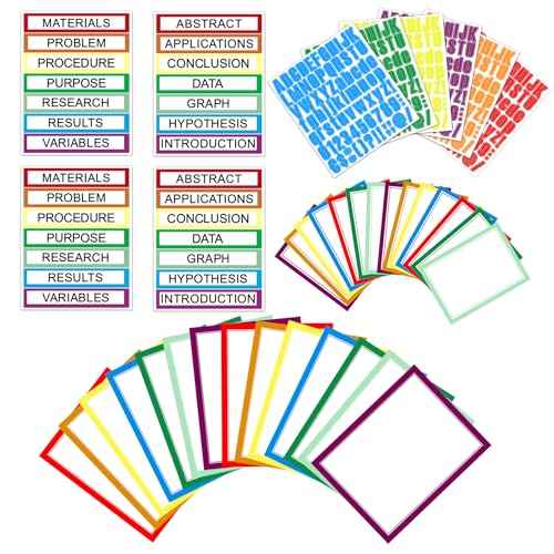 HAUTOCO 38 Sheets Science Fair Display Boards Supplies 28 Self Adhesive Presentation Science Subtitles 4 Science Fair Project Titles 6 Personalized Letter Stickers for Classroom Office, Colorful