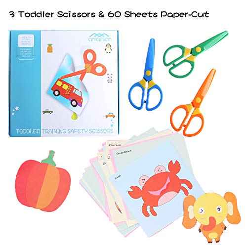 3-Pack Toddler Safety Scissors Kit - Child-Safe Preschool Training Scissors & 60 Sheets Craft Paper | Ergonomic Blunt Tips, Early Childhood Development Tools for Kids 2-5 Years
