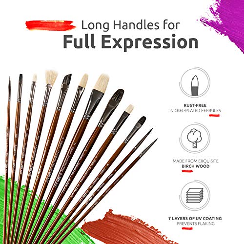 ZenART Oil & Acrylic Paint Brushes ? 14pc Professional Set of Chungking Hog, & Badger/Japanese Synthetic Bristles incl Filbert, Flat, Rigger & more ? Travel Pouch, Long Birchwood Handles, No Shedding