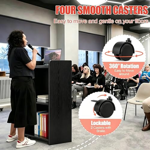 aboxoo Portable Podium Stand with Wheels (Black) – 41.3" High, 22.5" x 14.5" Desktop, Adjustable Shelf, Locking Casters