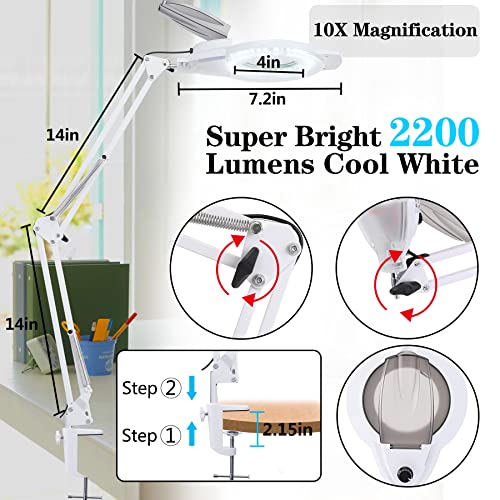 10X LED Magnifying Lamp with Clamp, KIRKAS 2,200 Lumens Dimmable Super Bright Daylight Magnifying Glass with Light and Stand, Adjustable Swivel Arm Magnifier lamp for Reading Repair Crafts-White