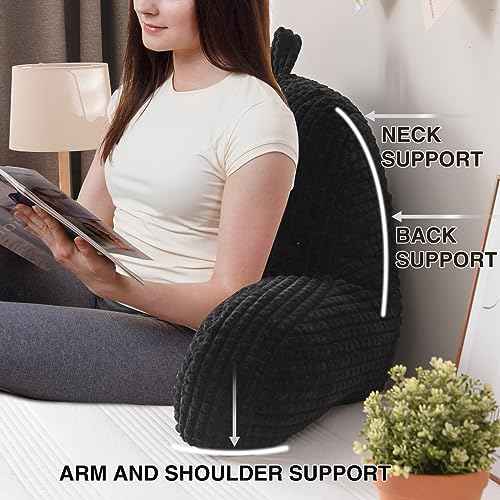 A Nice Night Reading Pillow Bed Wedge Large Adult Children Backrest with Arms Back Support for Sitting Up in Bed/Couch for Lounging Bedrest,Waffle Stereoscopic Design,Black