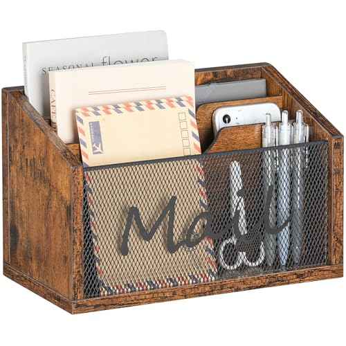 Mail Organizer Countertop, Mail Holder with 3 Slots, Mail Sorter for Desk, Wooden Office Desk Organizer, Mail Organizer for Magazines, Files, Papers, Folders, Rustic Brown and Black MR03BR