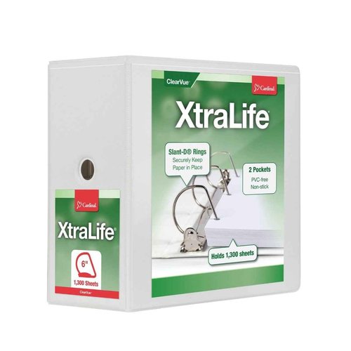 Cardinal® XtraLife ClearVue Nonstick Locking Slant D-Ring Binder, 6" Rings, 55% Recycled, White