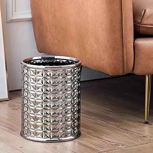 Silver Trash Can, Round Wastebasket, Garbage Receptacle Small Bin for Bathroom, Powder Rooms, Kitchens, Home Offices - Ceramics