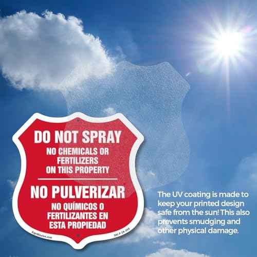 Bilingual No Spray Do Not Spray No Chemicals Or Fertilizers On This Property No Pulverizar (English/Spanish) (5 Pack) 12 inch X 12 inch Shield-Shaped Rust-Free Aluminum Metal Signs Made in the USA