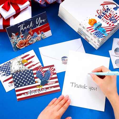 200 Sets Patriotic Greeting Card with Envelopes Stickers 8 Designs American Flag Thank You Cards 4th of July USA Gifts Cards for Party Independence Day Veterans(Patriotic)